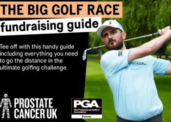 Paul Harris Completes 72-Hole for Prostate Cancer UK Golfer in a light blue Prostate Cancer UK shirt taking a swing, promoting The Big Golf Race fundraising guide.