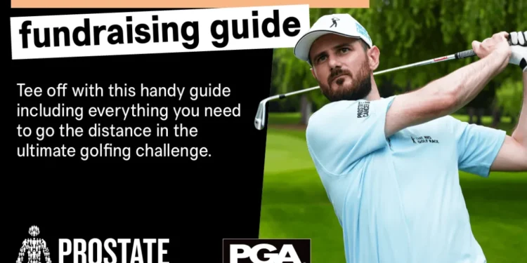 Paul Harris Completes 72-Hole for Prostate Cancer UK Golfer in a light blue Prostate Cancer UK shirt taking a swing, promoting The Big Golf Race fundraising guide.
