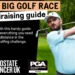 Paul Harris Completes 72-Hole for Prostate Cancer UK Golfer in a light blue Prostate Cancer UK shirt taking a swing, promoting The Big Golf Race fundraising guide.