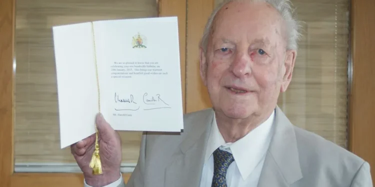 Harold Gane Enjoys His 100th Birthday at Denton Golf Club Harold with his birthday card from the King.