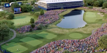 A CGI-rendered depiction of Hulton Park showcasing a Ryder Cup event.
