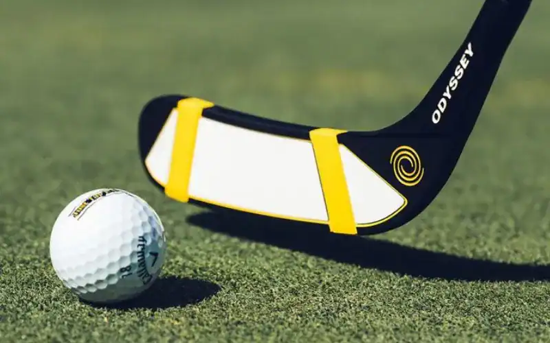 Limited-Edition Happy Gilmore Hockey Stick Putter and Balls A Happy Gilmor Odyssey Hockey Stick Putter paired with a golf ball.