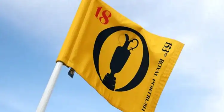 Spidercam Revolutionises Golf Coverage at The 153rd Open a yellow flag with a black and red design on it