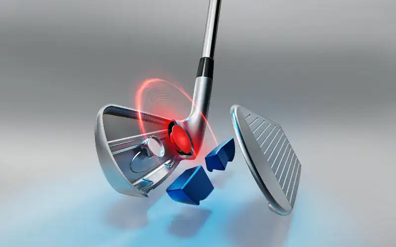 Titleist Unveils Next Generation T-Series Irons for 2025 a golf club with a red circle and blue objects