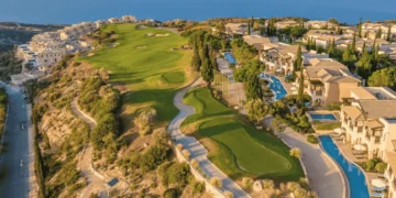 Scenic golf resort overlooking the sea.