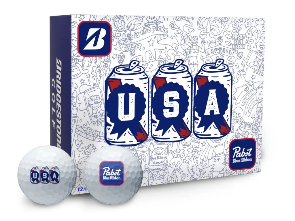 Bridgestone x PBR Golf Kits Celebrate Team USA Golf balls themed with Pabst Blue Ribbon