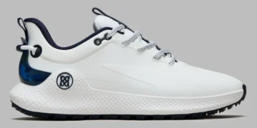Stylish white spikeless golf shoe.