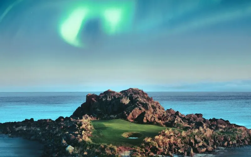 Lofoten Links Northern Lights Above the Arctic Circle Golf course under stunning northern lights