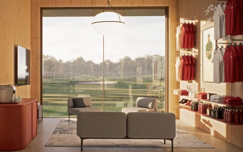 The Kingdom at The Grove Opens Spring 2026 Modern golf shop with scenic view.