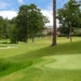 Lush green golf course under blue sky.